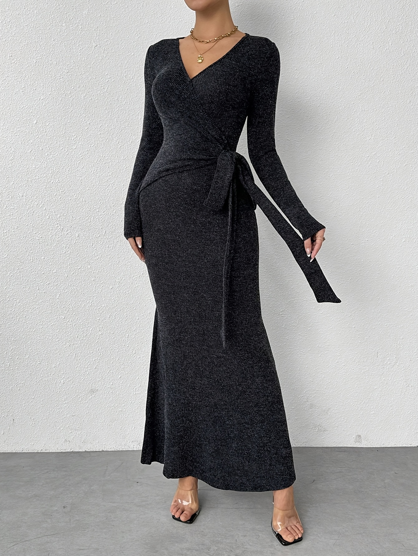 women's elegant ribbed v neck wrap dress sleeve bodycon Temu Ireland