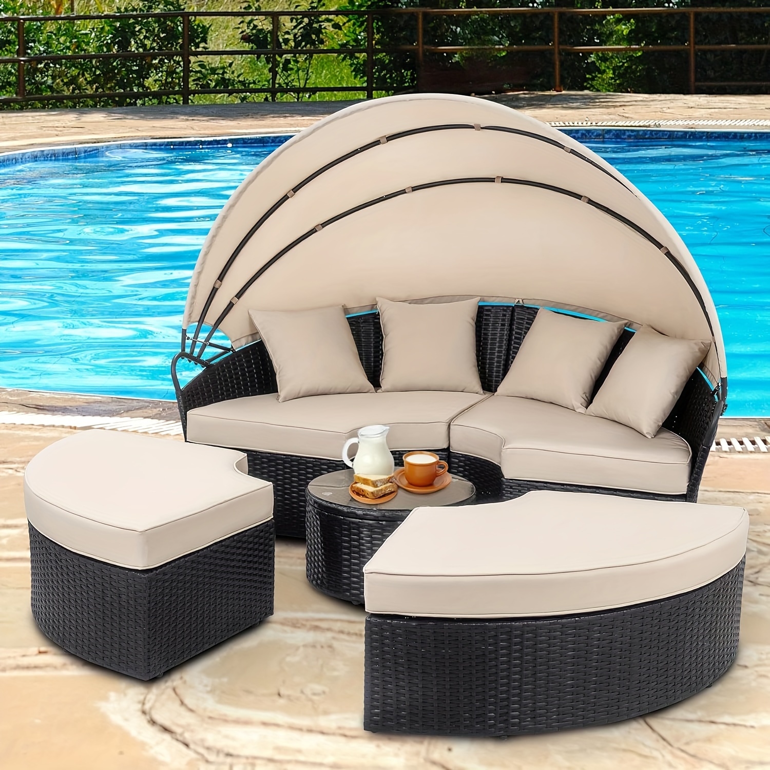 

Jamfly Patio Furniture Round Daybed With Retractable Canopy, Outdoor Wicker Rattan Sectional Sofa Set, Seating Separates Cushioned Seats For Patio Lawn Backyard Pool