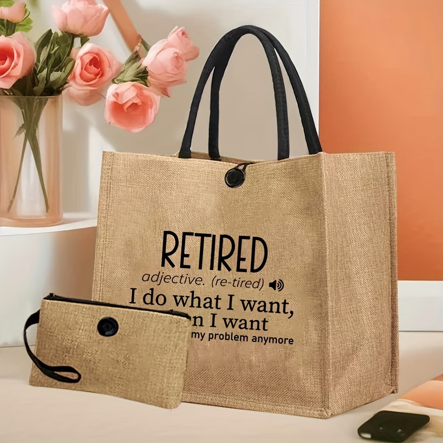 TEMU Borsa Tote Vintage Spaziosa con Tema Audace per la Pensione - Materiale in Iuta Resistente, Tracolla Fissa - Perfetta per Libri, Fotocamera,