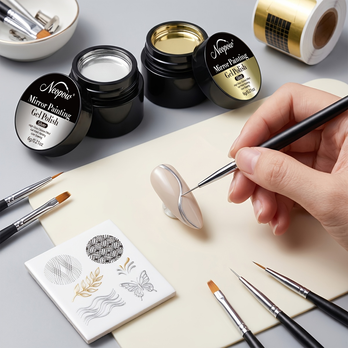 Image of 2pcs Metallic Painted Gel Nail Polish, Golden And Silvery Metallic Chrome 3d Painting Gel, Soak-off /led Gel Nail Polish, Semi-permanent, Floral Painting Line , Nail Art, Salon-quality Diy Nail