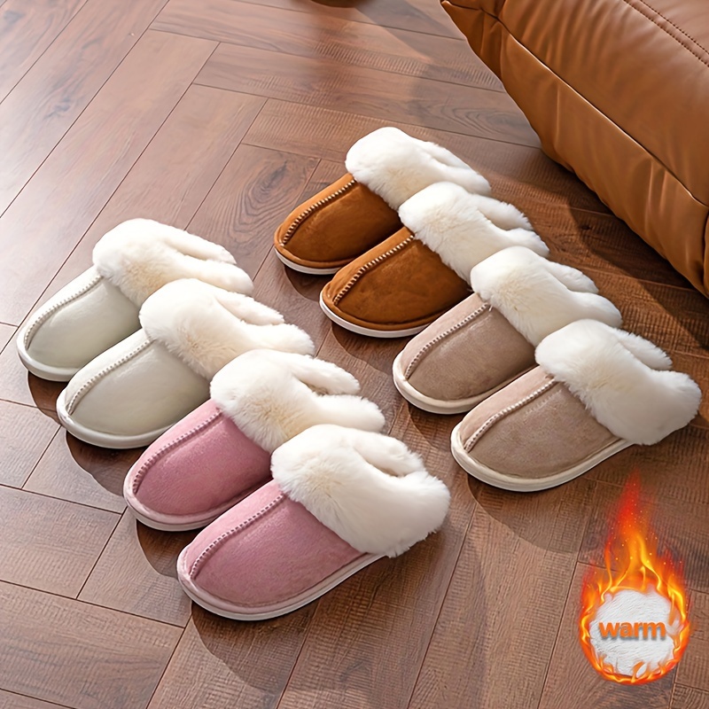 

Women's Cozy Fleece Slippers - Casual Solid Color Slip- Shoes With Soft Warm , Tpr Sole, Comfortable Fabric Insole - Indoor/outdoor Fluffy Cotton Slides