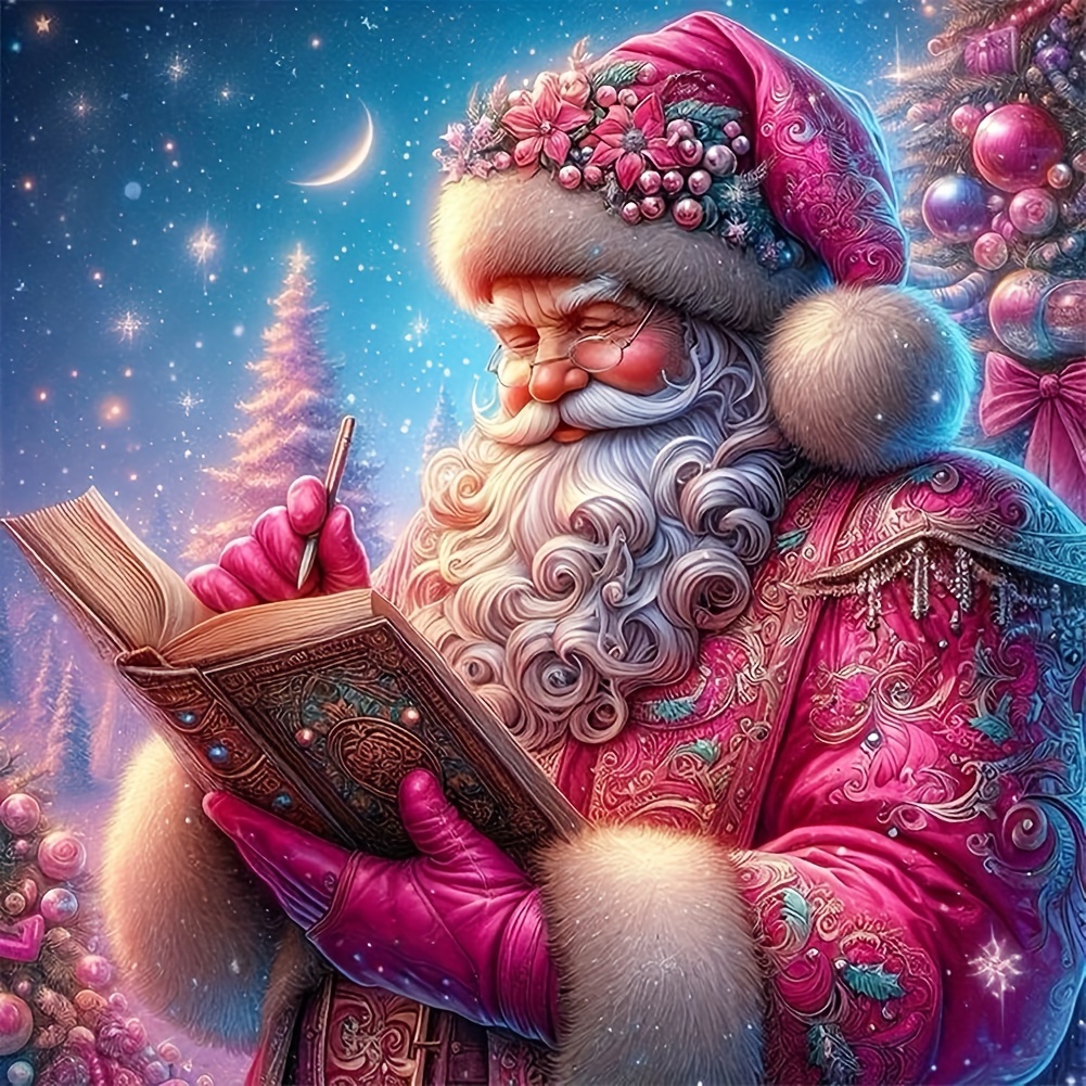 

1pc Diy 5d Diamond Painting Kit - Christmas Santa Claus With Book Theme - Full Drill Round Acrylic Diamonds Embroidery Stitch Art Craft For Wall Décor, 40x40cm