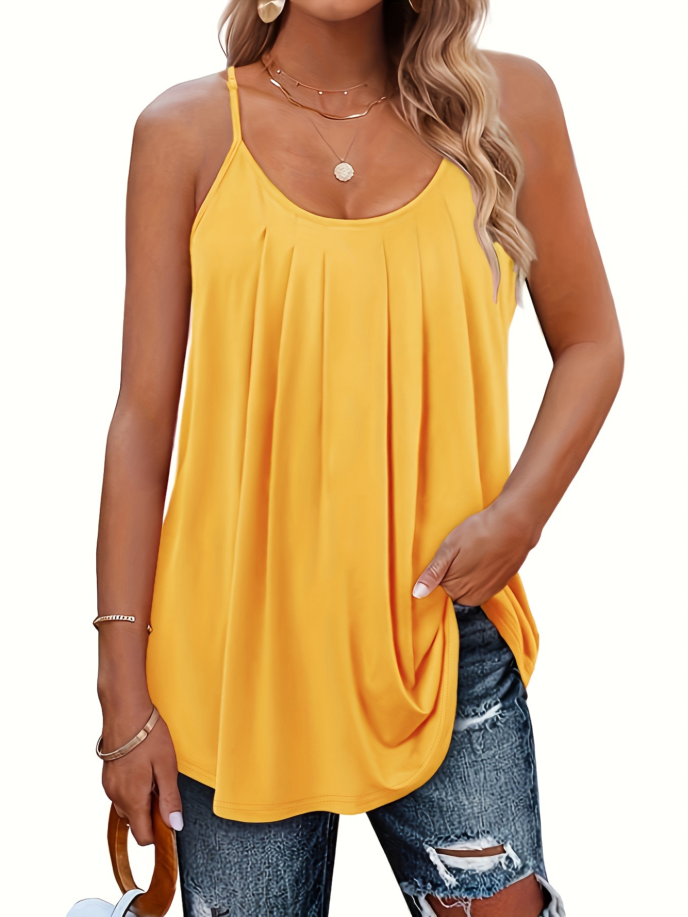 Plus Size, Women's Casual Loose Fit Ruched Sleeve Round Neck Tank Top - Beige Breathable Stretchy Blouse for Spring/Autumn, Machine Washable