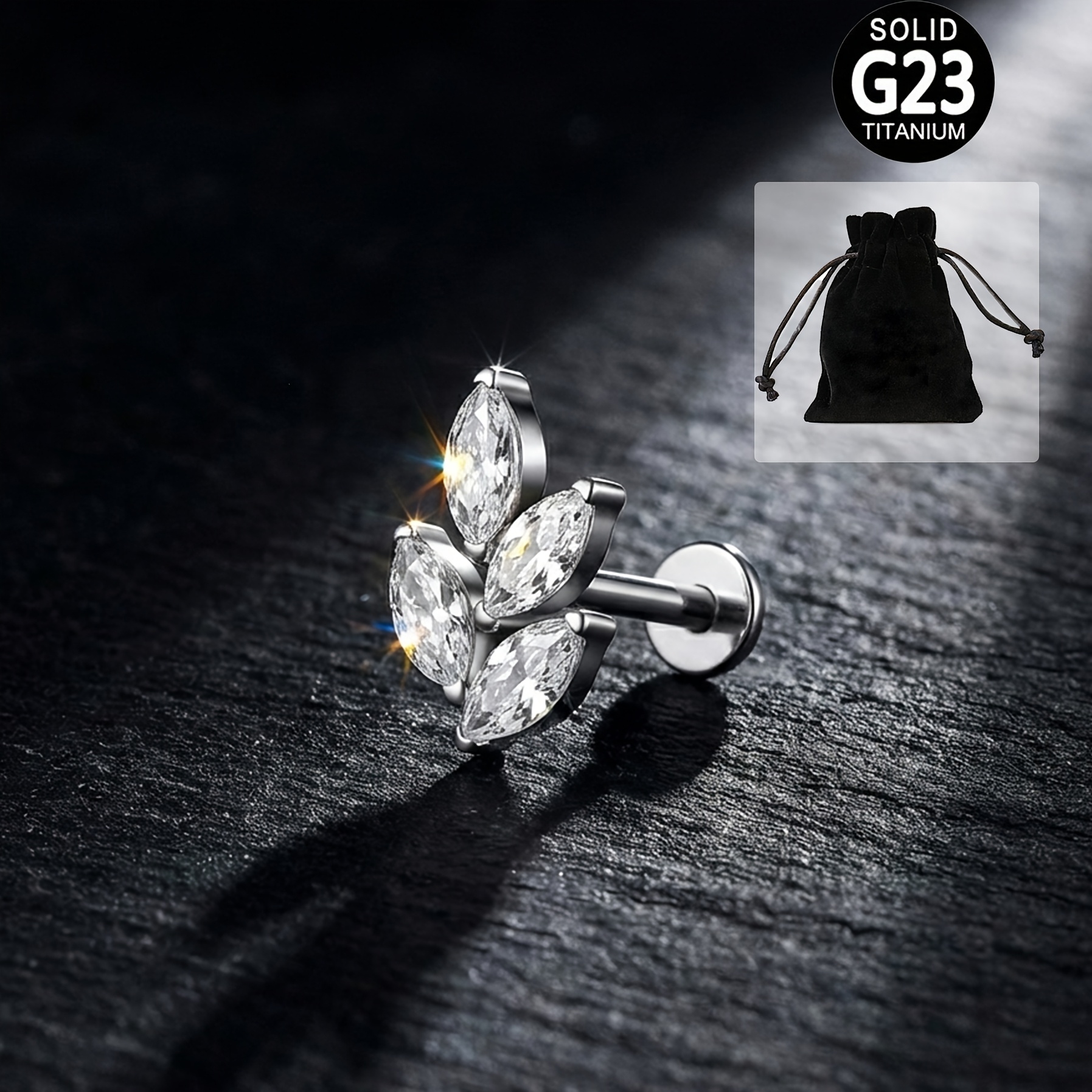Image of Titanium Alloy Leaf Cz Ear Stud ( With Velvet Pouch), Made Of Titanium Alloy Material, And Hypoallergenic, Stylish And Luxurious Women's Ear Stud, Cartilage Earring, Piercing Jewelry For Women