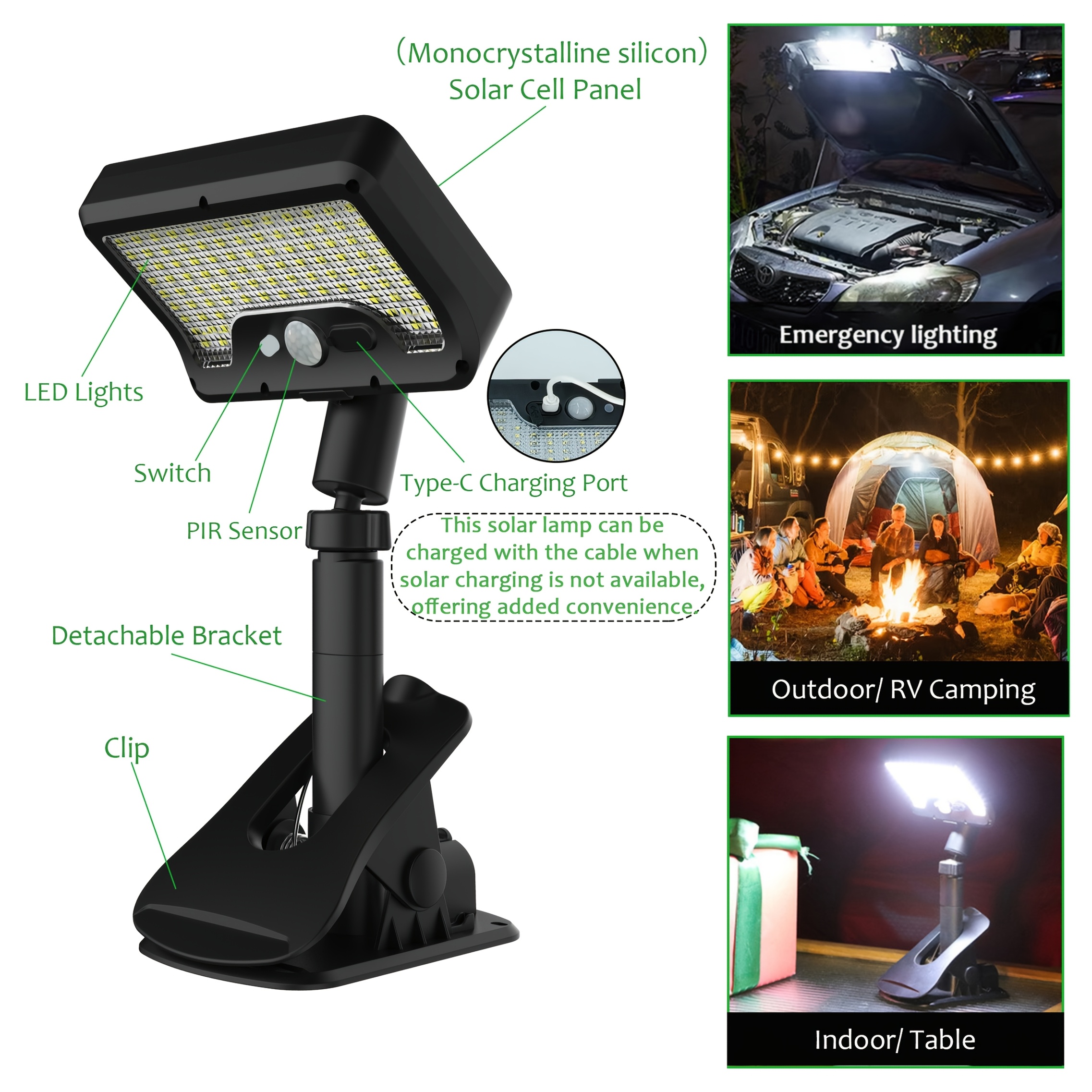 Luces Solares Exteriores Ultrabrillantes, Luces Solares de Clip, Portátiles, Luces de Calle, Focos Exteriores y Luces de Seguridad, Luces con Sensor de Movimiento, Adecuadas para Patios, Jardines, Aventuras de Camping al Aire Libre, Iluminación de Emergencia Interior, Vallas, Patios, Balcones
