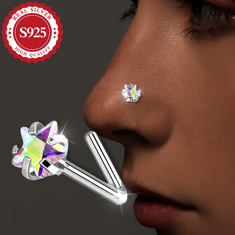 

1pc S925 Silver, Single, Women's Five-pointed Flash Nose Stud, Nose Decoration, Cute, Small And , Suitable For At Night Club Parties, , Low Allergy, 0.31g