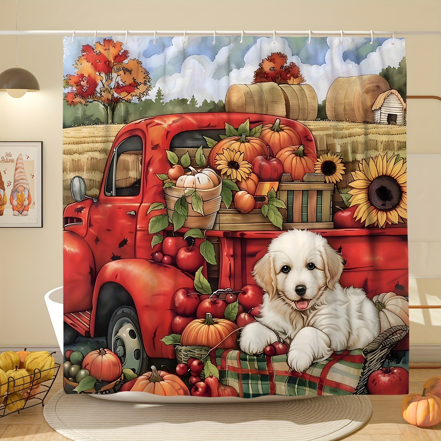 

Farmhouse Fall Shower Curtain - Waterproof Polyester With Dog, Pumpkin & Sunflower Design, Includes 12 Hooks, Machine Washable - Bathroom Decor