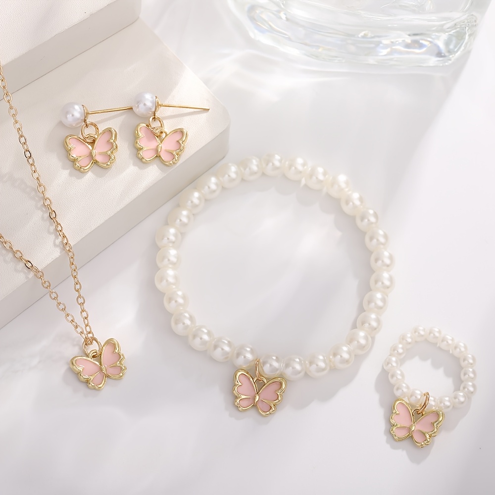TEMU Conjunto de 4 piezas - 1 de aretes, 1 pulsera, 1 collar, 1 anillo, Conjunto de joyería de de perlas de de elegante de lujo , Conjunto de collar,