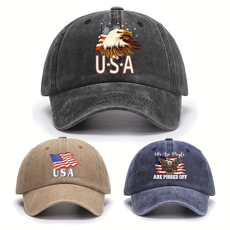 

3pcs Cool Hippie Trendy Curved Brim Baseball Caps, Usa & Eagle Print Distressed Trucker Hat, Snapback Hat For Casual Leisure Outdoor Sports, Independence Day