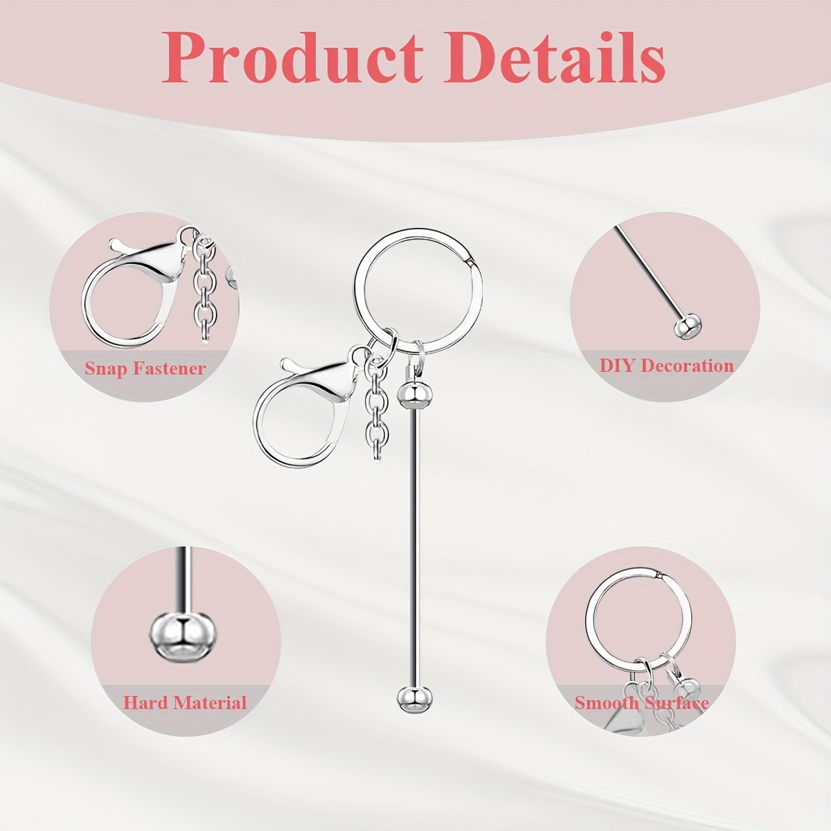 12pcs Stainless Steel Beadable Keychain Blanks Kit with Rose Gold and Silver Charms for Crafting