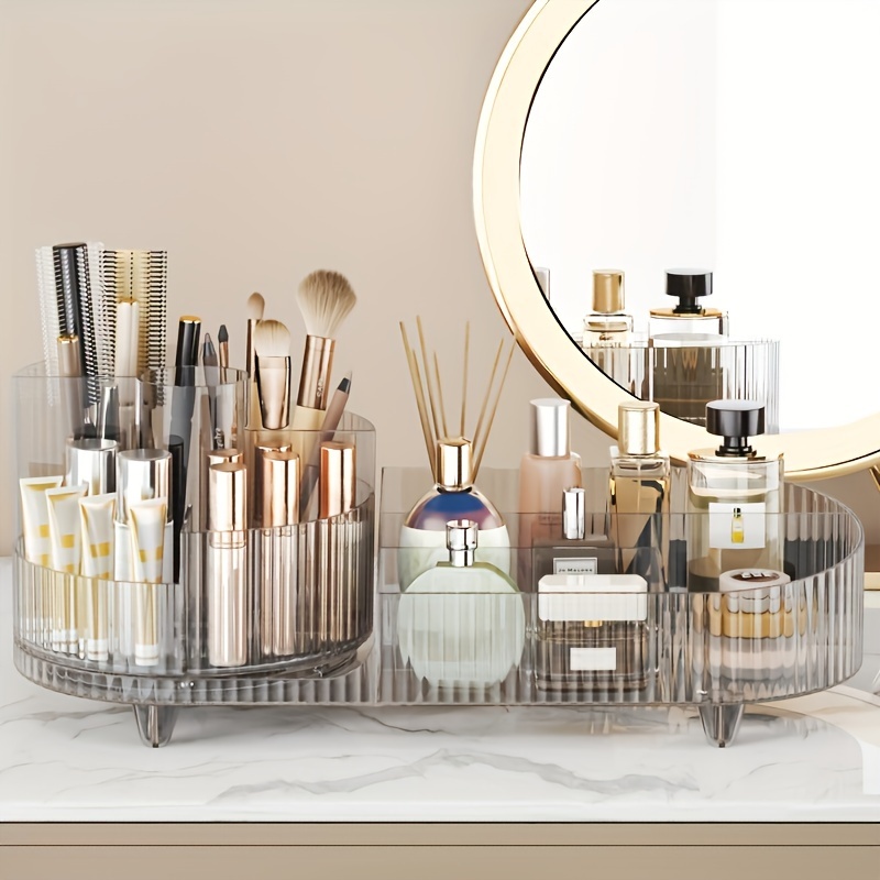 

1pc Plastic Cosmetic Rotating Storage Box For Vanity Table, Desktop Large Capacity Transparent Pen Holder Makeup Brush Eyeshadow Lipstick Organizer