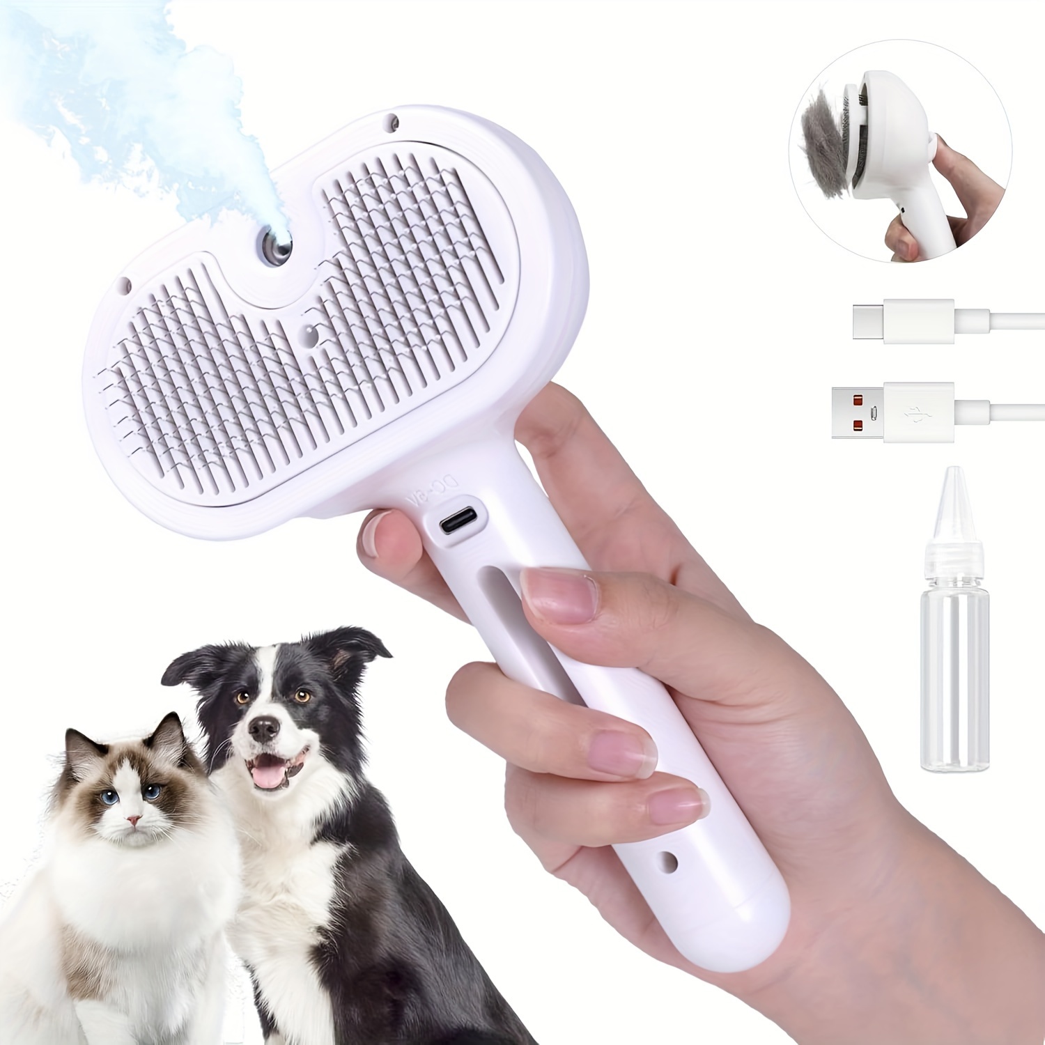TEMU Pet Oil Set Steam Brush For Dogs Steam Cat Brush For Long-haired Dogs, Dog Brush Shed Pet Grooming Brush Self-cleaning Pet Spray Hair Removal Comb Reduce Static Flying White Pet Oil Set For Gift