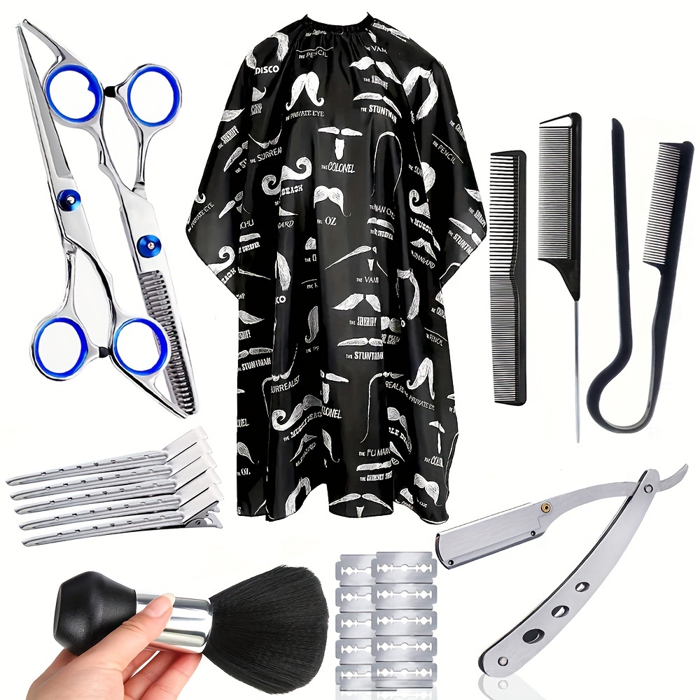 

24pcs Professional Hair Cutting Kit, Includes Clippers, Thinning Shears, Styling Combs, Vintage Scrapers & 10 Extra Blades - High-quality Polyester Apron For Home Barbers