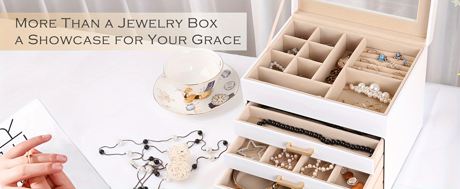 elegant 5 layer white jewelry organizer box with glass lid brass   knobs   leather storage for necklaces earrings rings bracelets ideal gift for girls jewelry boxes Product details 2