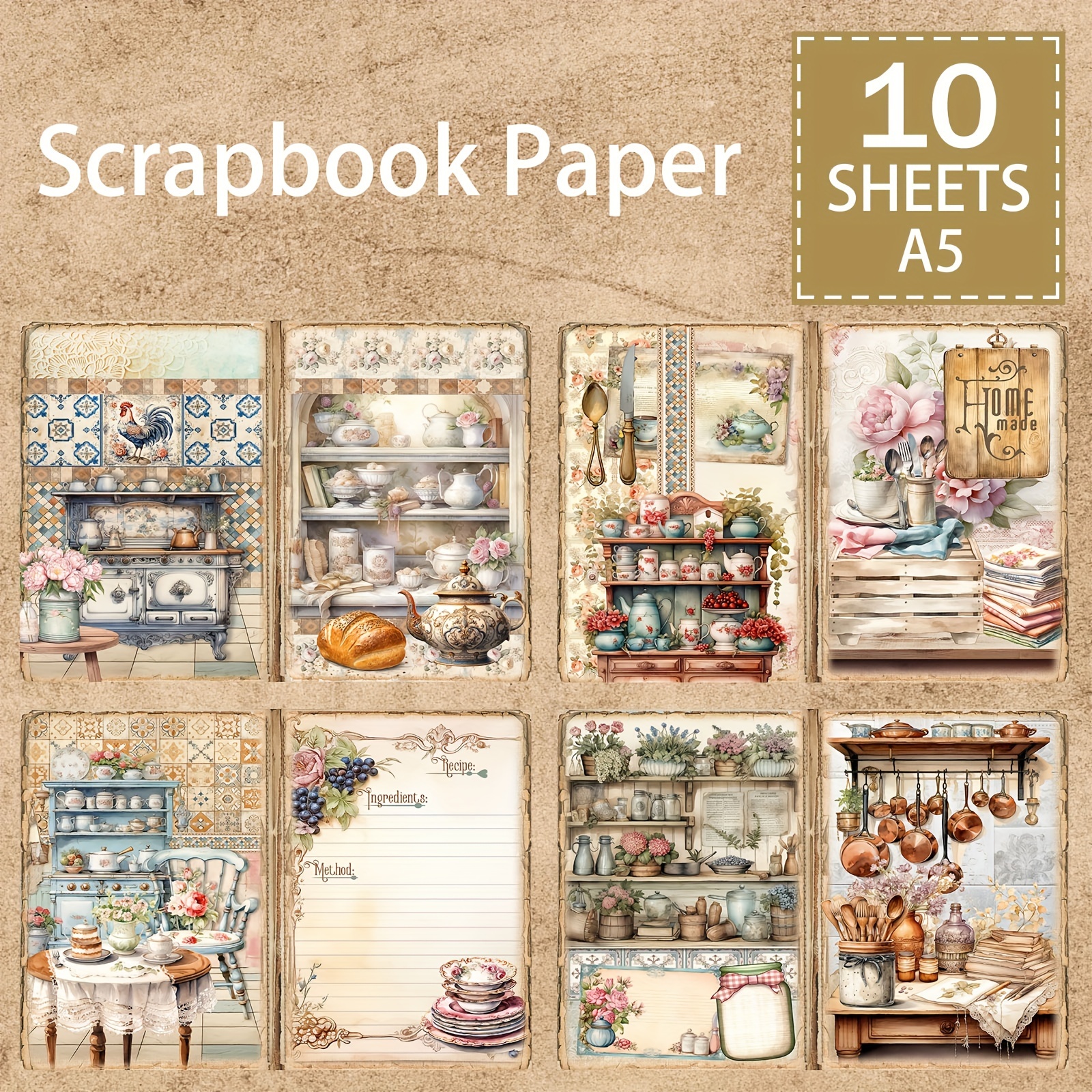 

artisan Touch" 10-piece A5 Vintage Kitchen Scrapbook Paper Set - Food, Cake, Bread, Jar Designs For Diy Journals, Greeting Cards & Planners