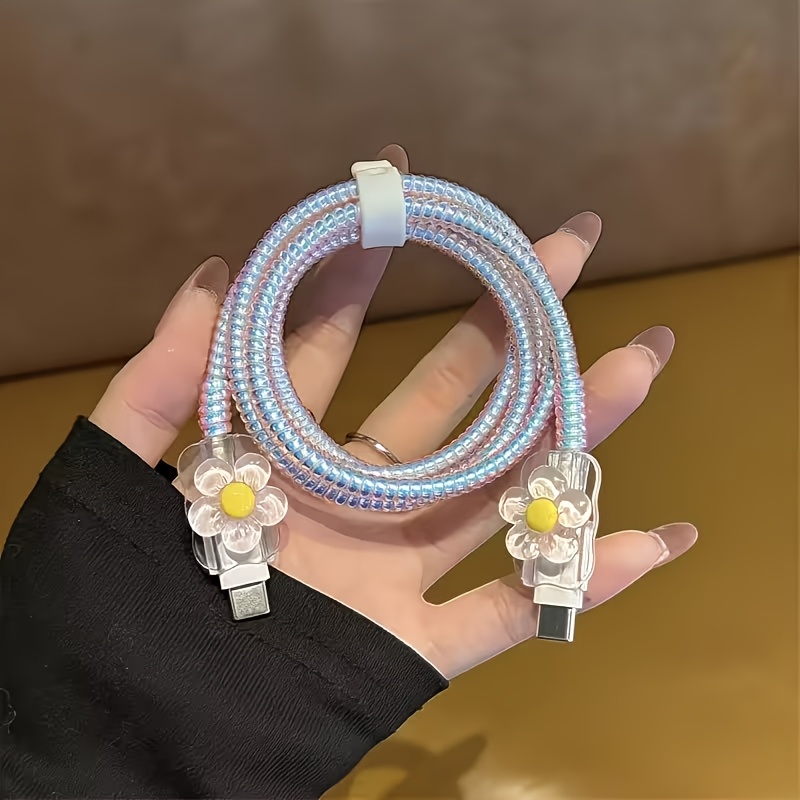 TEMU Set Of 4 Plastic Cable Protectors Designed Like Flowers For Type C And For Iphone Connectors, Compatible With Universal For Iphone And Type-c