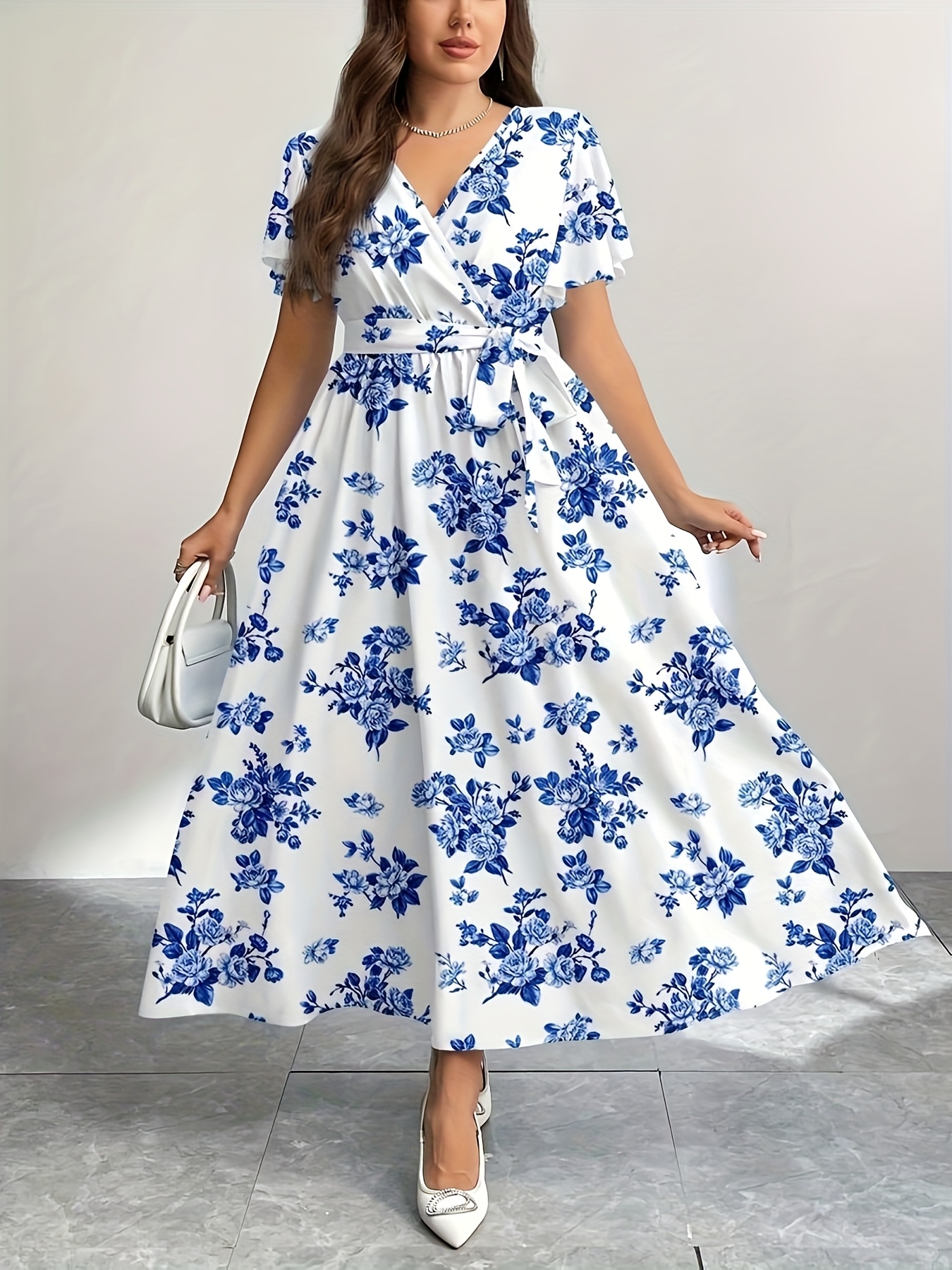 Plus Size - Plus Size - Casual Easy Floral Pattern Loose Plus Size Dress,  Flowy Dress Bohemian Style Suitable for Outing *