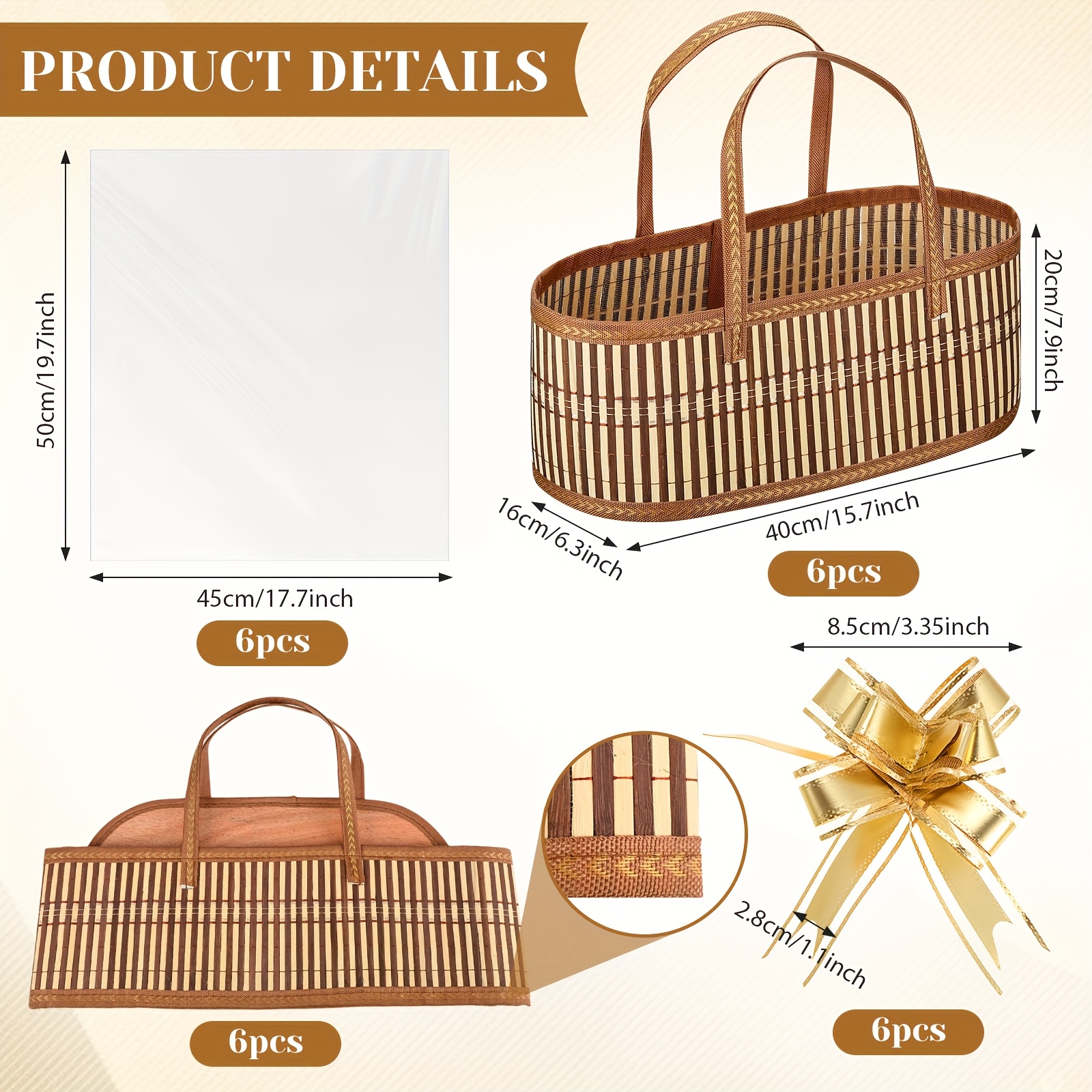 6 Pack Woven Baskets for Gifts Empty Large Bamboo Gift Baskets with Handle Cellophane Wrap Bag And Pull Flower Ribbon Sturdy Foldable Gift Packages for Birthday Wedding Favor Wrapping