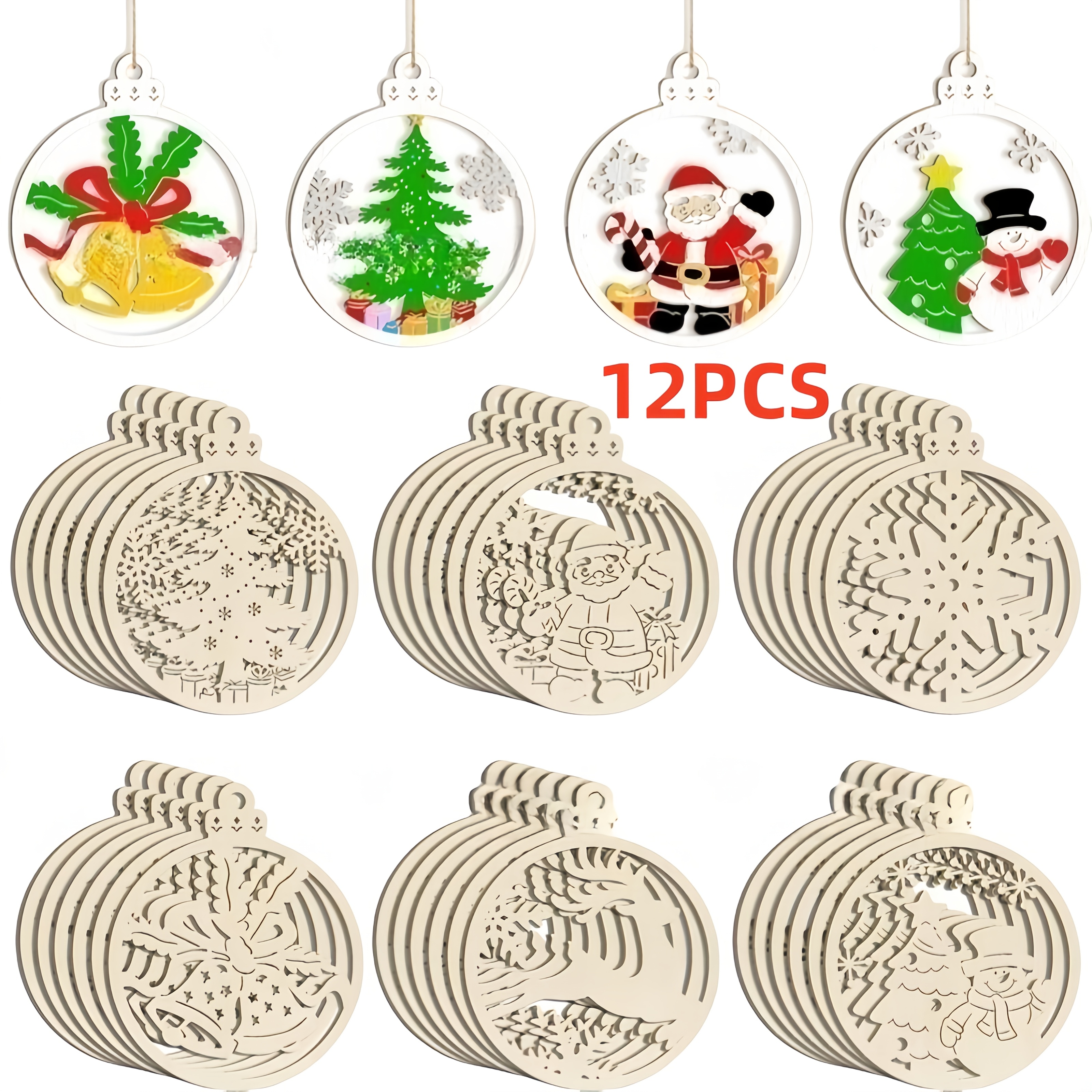 E-shop 12er Set Holz Weihnachtsornamente Anhänger - Multi- (, Schneemann, , Weihnachtsmann, Glockenmuster) Hochwertiges Holz mit Bindfaden, Sehr Gut