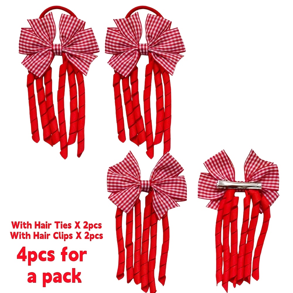 TEMU 4pcs Set Windmill Bow Short Tassel Hair Tie And Hair Clip Set, 15cm, Classic Pattern Bow Curly Satin Ribbon Tassel Hair Accessory Set, 11-color