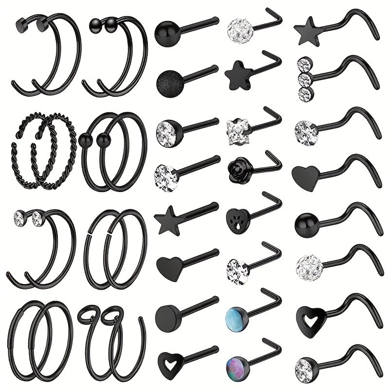 

40pcs Steel Nose Rings Set - Synthetic Zirconia , Mixed For And , Piercing Jewelry