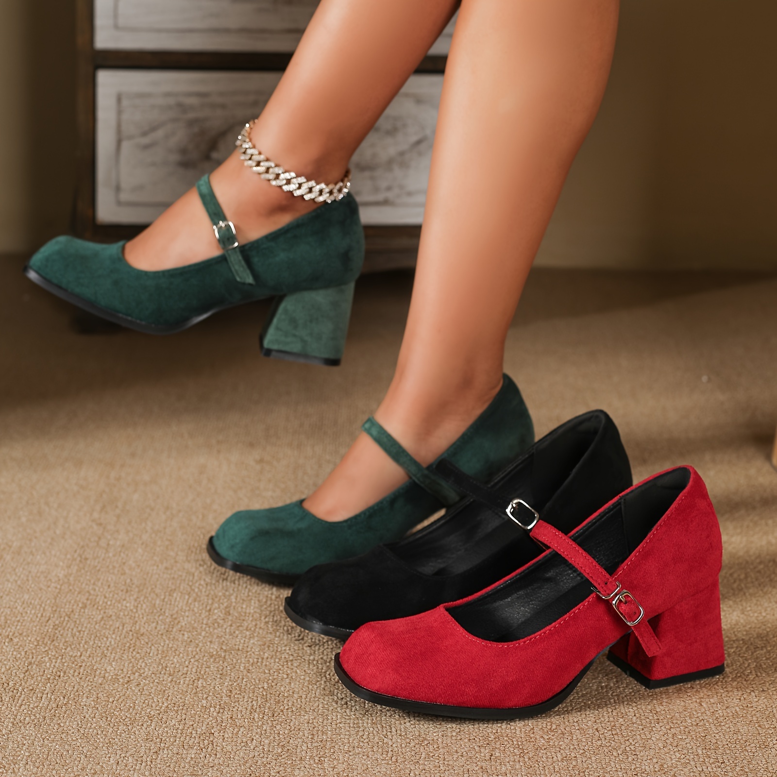 

Women's Solid Color Chunky Heel Pumps, Square Toe Dress Pumps, Ankle Strap Casual Shoes