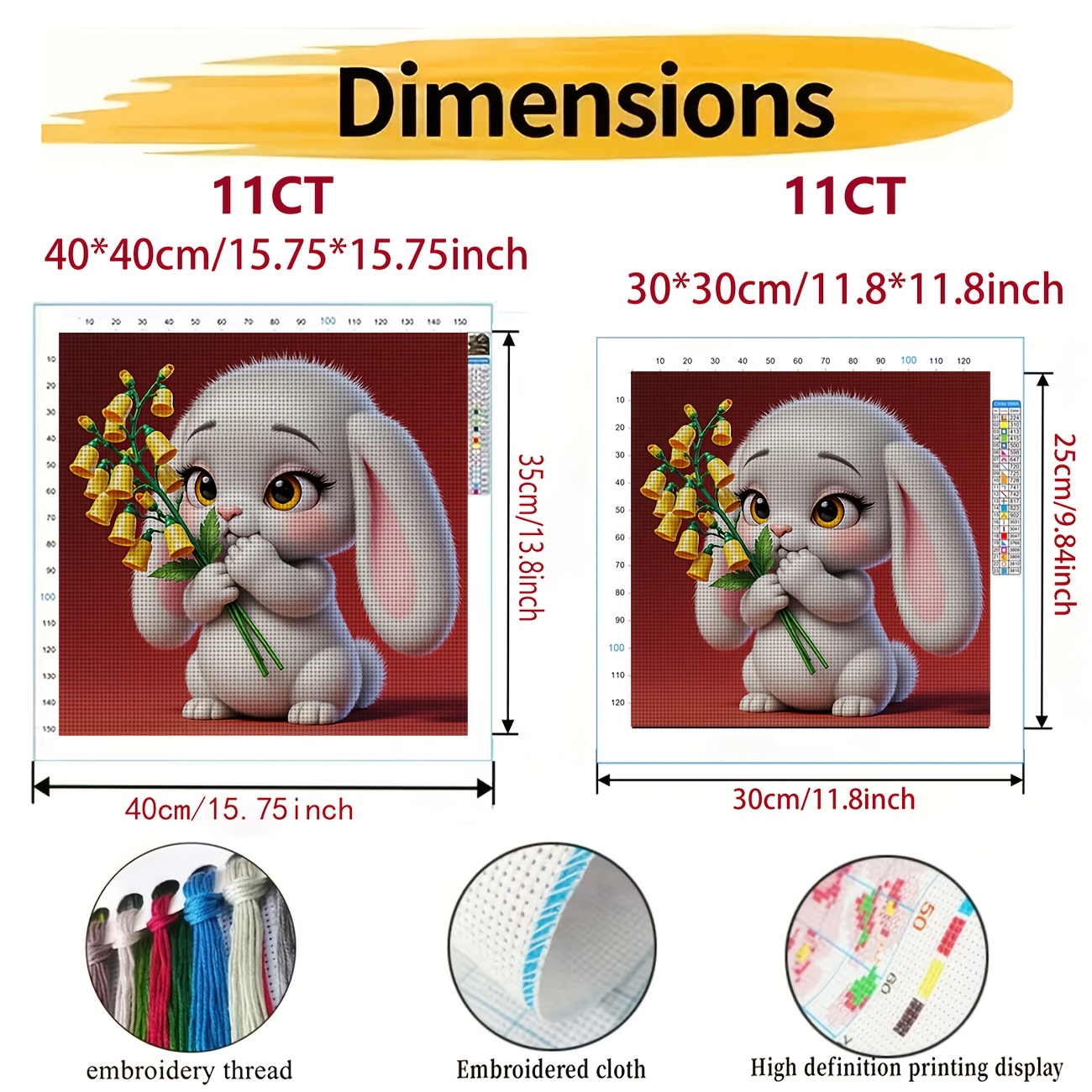 Cross-Stitch Printed Kit, White Rabbit Holding Yellow Flowers Design