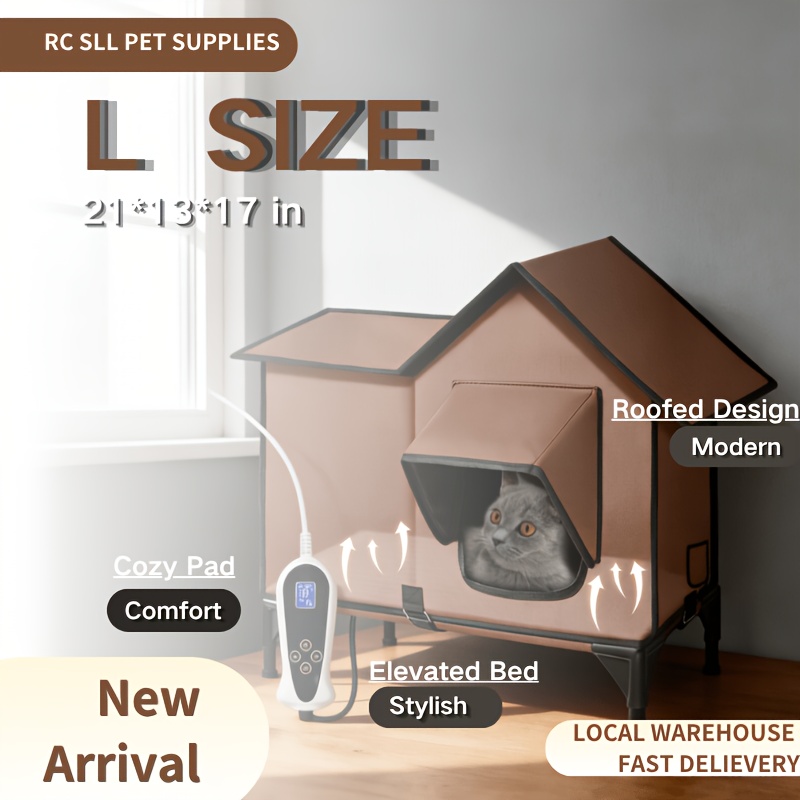 TEMU Cat House Design Featuring A Pet Heating Pad + Elevated Bed. Sturdy Construction With Chew-resistant Power Cord. Functions As A Cat Cave, Indoor