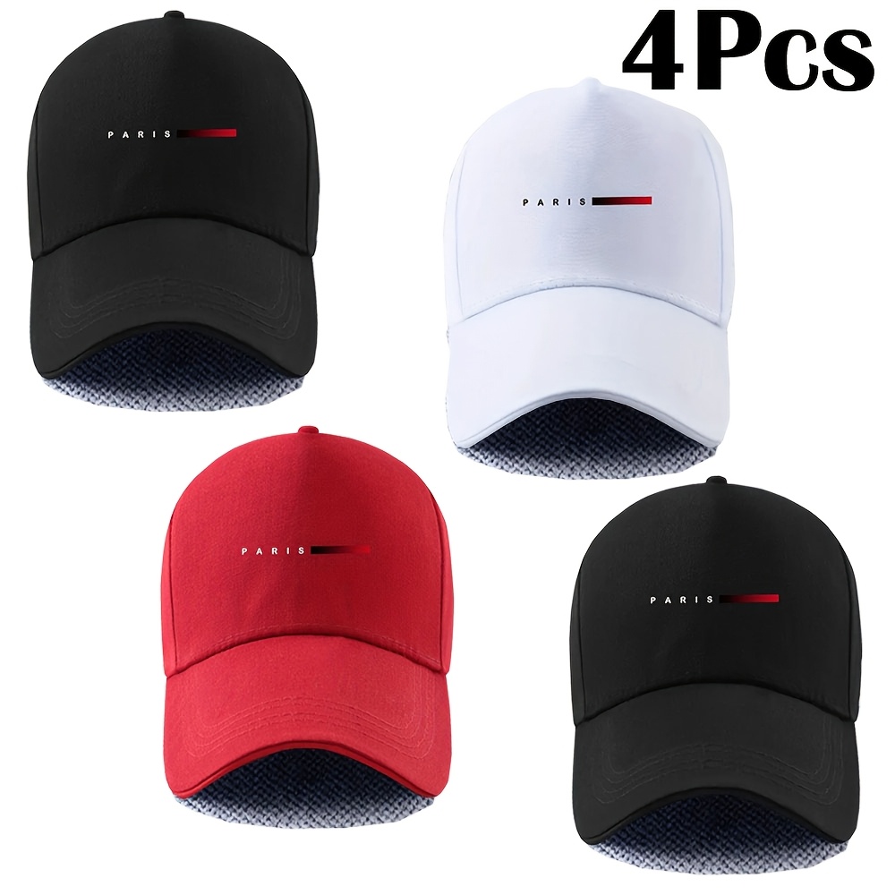 TEMU 4pcs Men's Lightweight Breathable Baseball With Sweat-resistant & Paris Lettering - Hat For Outdoor, Fishing, Sports - Adjustable Snapback,