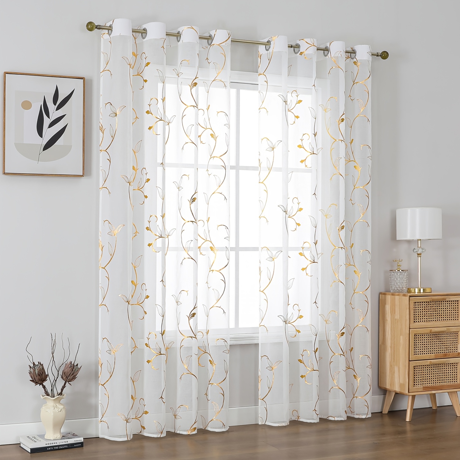 2pcs curtains with gold foiled   branches modern white semi transparent curtains suitable for living room bedroom and kitchen windows soft gauze curtains ideal for kitchen doors with metal rings for home decoration