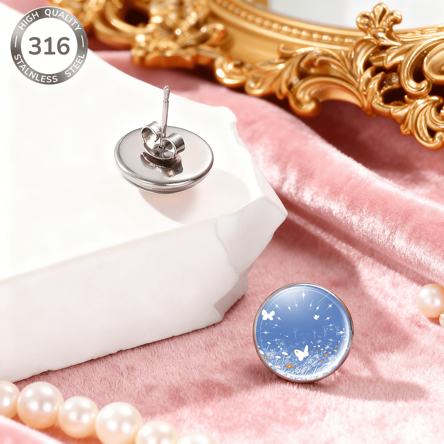 2pcs Blue Butterfly & Flower Embellished Round Studs