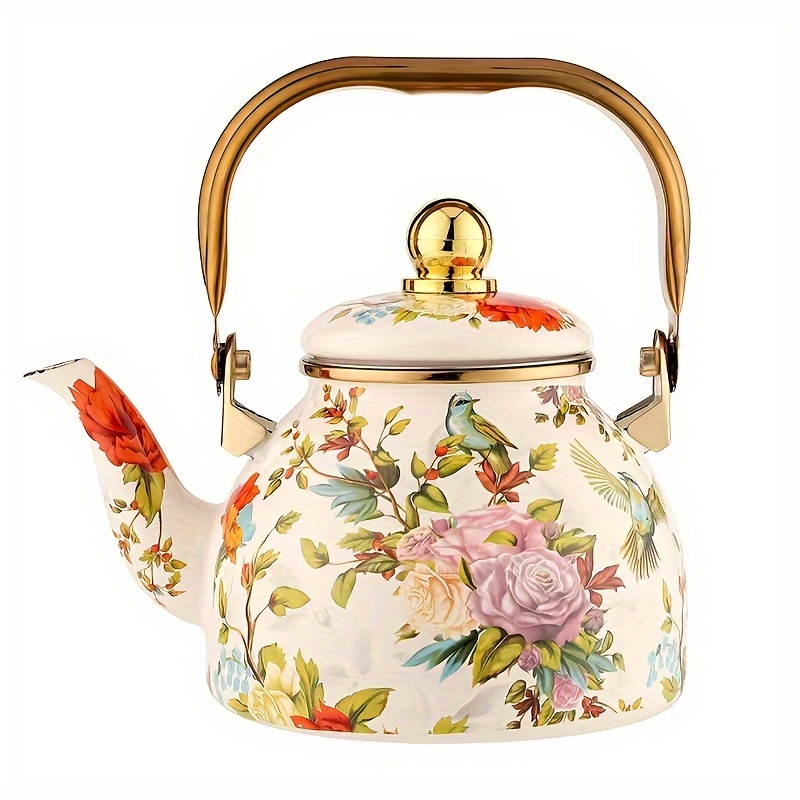 

1pc Enamel Kettle 1.2l - Bird & Floral Design, Multi-use For Tea & Water, Compatible With Electric & Gas Stoves, Perfect For Kitchen & Dining