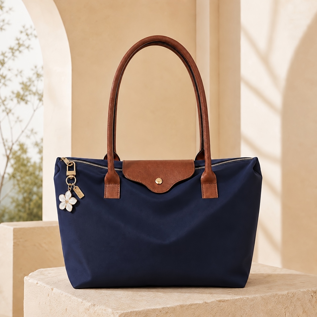 TEMU Bolso tote SHBW para mujer azul y marrón con solapa magnética y cierre de cremallera, dije de extraíble, para trabajo, viajes, compras, bolso de