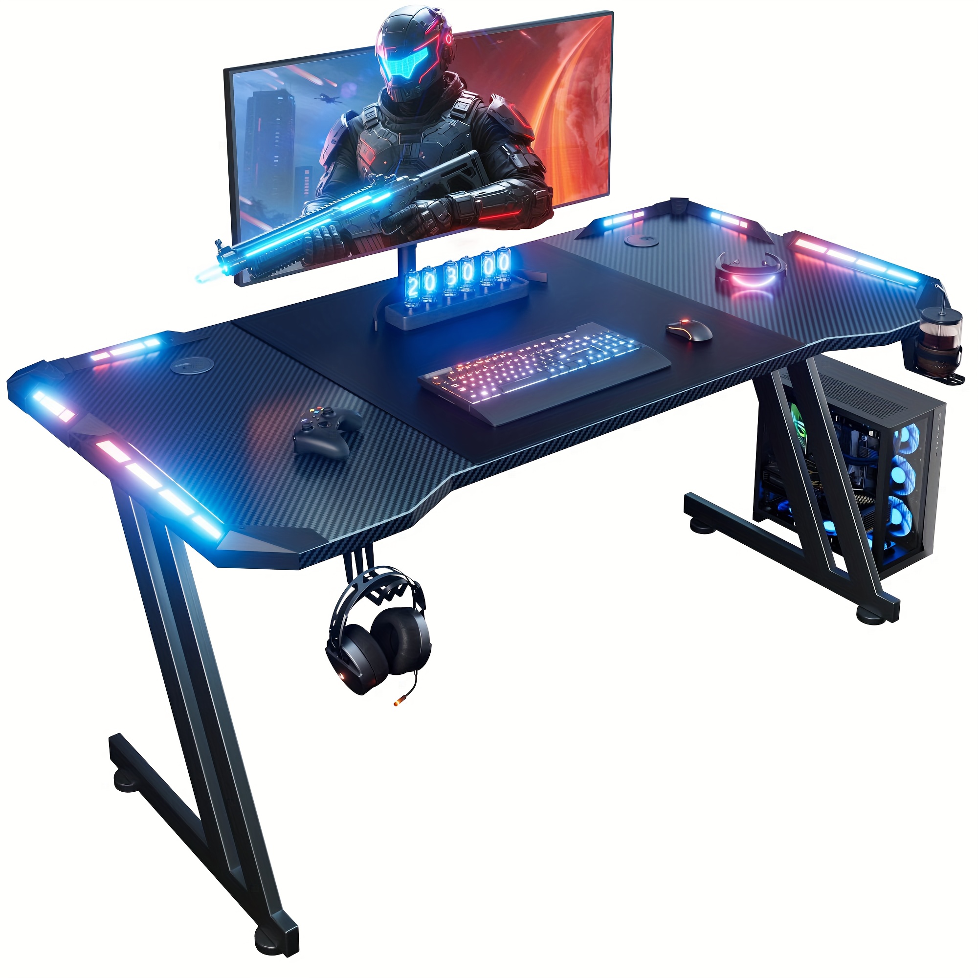 Z Shaped Gaming Desk With Led Lights, Carbon Fibre Surface Gaming Table, Large Computer Desk, Ergonomic Home Office Desks, With Cup Holder & Headphone Hook
