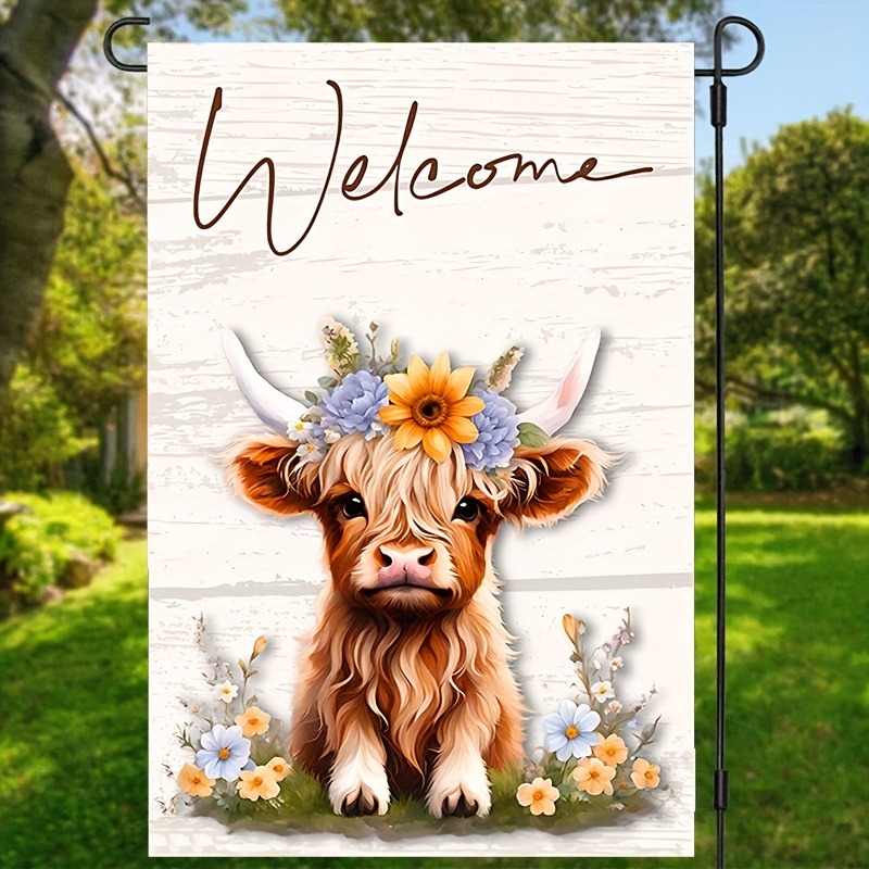 

1pc, Highland Cattle Welcome Garden Flag, Farmhouse Flag Farm Sign Vertical Burlap Flag, Double Sided Waterproof House Flag, Home Decor, Outdoor Decor, Yard Decor, Garden Decorations 12*18inch