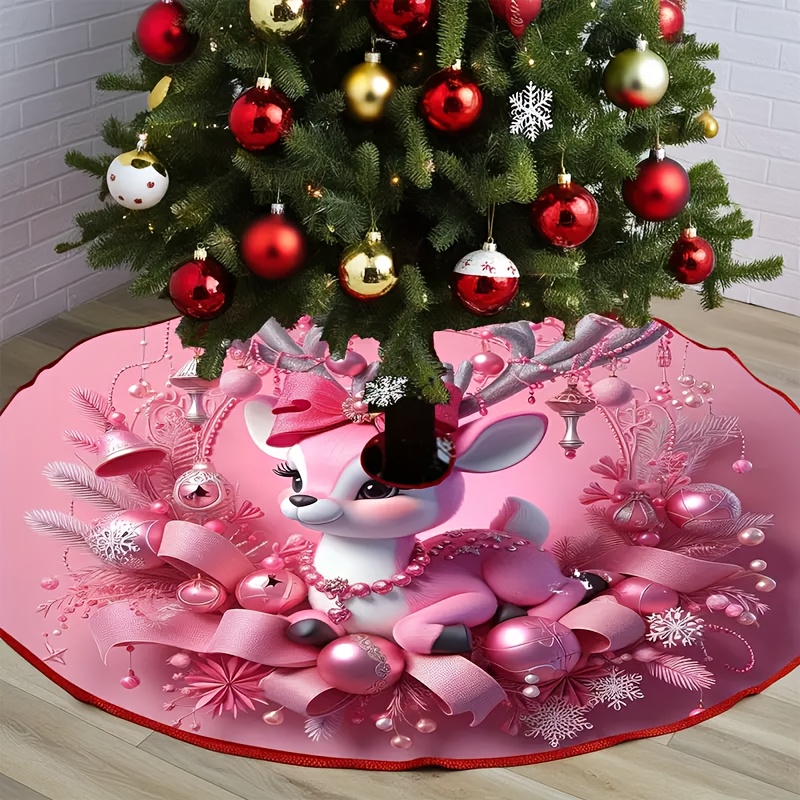 TEMU Falda de árbol de Navidad, impresión 2D, rosa, campana, , diseño de copo de nieve. Cierre con correa. Ideal para decoraciones de Navidad,