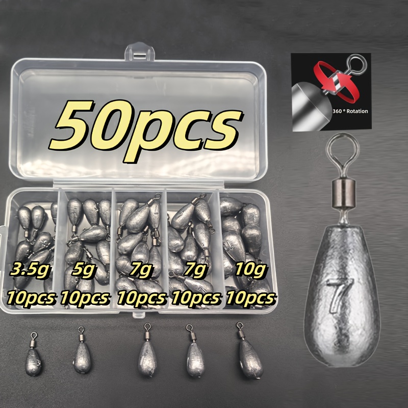 E-shop 50 Stück Angelblei-Anhänger - Hochdichter Edelstahl, Wassertropfenform, 3,5g/5g/7g/10g, Achteckring für Anfänger, Ideal für Süß- Salzwasser,