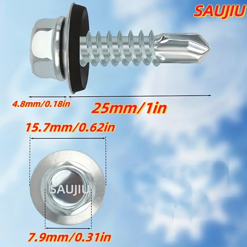 Image of 150/50 Set Of Hexagon Head Combination Tapping Screws With Sealing Washers, Recessed, For Outdoor Use, Waterproof And Rustproof , Size: 4.8x19mm/ 4.8x25mm/4.8x50mm