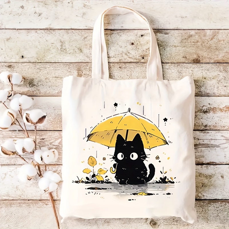TEMU 1pc, Sac fourre-tout en toile avec motif de chat , Sac de courses réutilisable, Sac à main de rangement imprimé double face multifonctionnel et