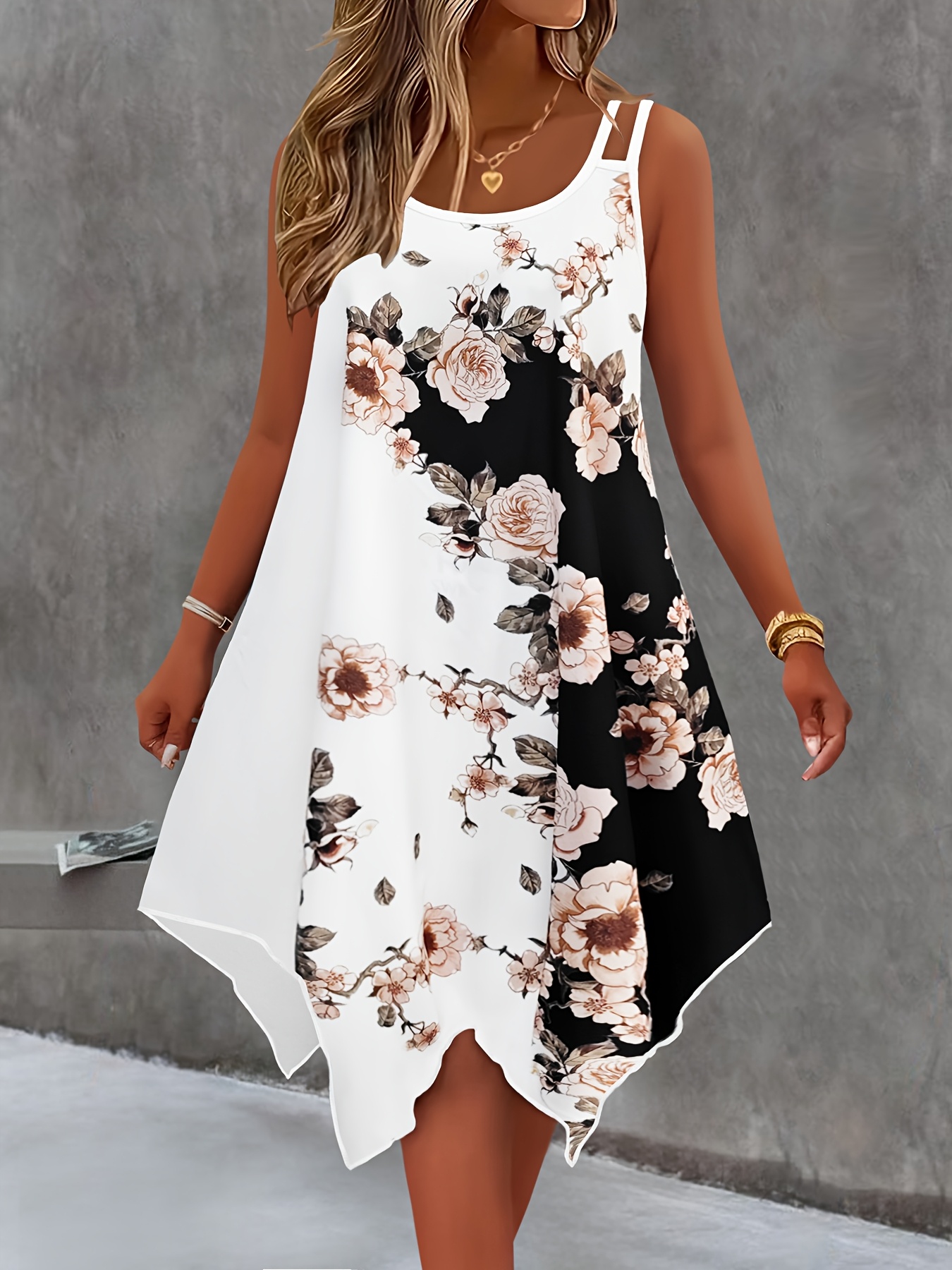 Women's Summer Beach Dress - Sleeveless Asymmetrical Hem Floral Print  A-Line Dress with Round Neck, Lightweight Machine-Washable Fabric for  Casual Vacation & Resort Wear (Plus Size *), Summer Outfit, ...