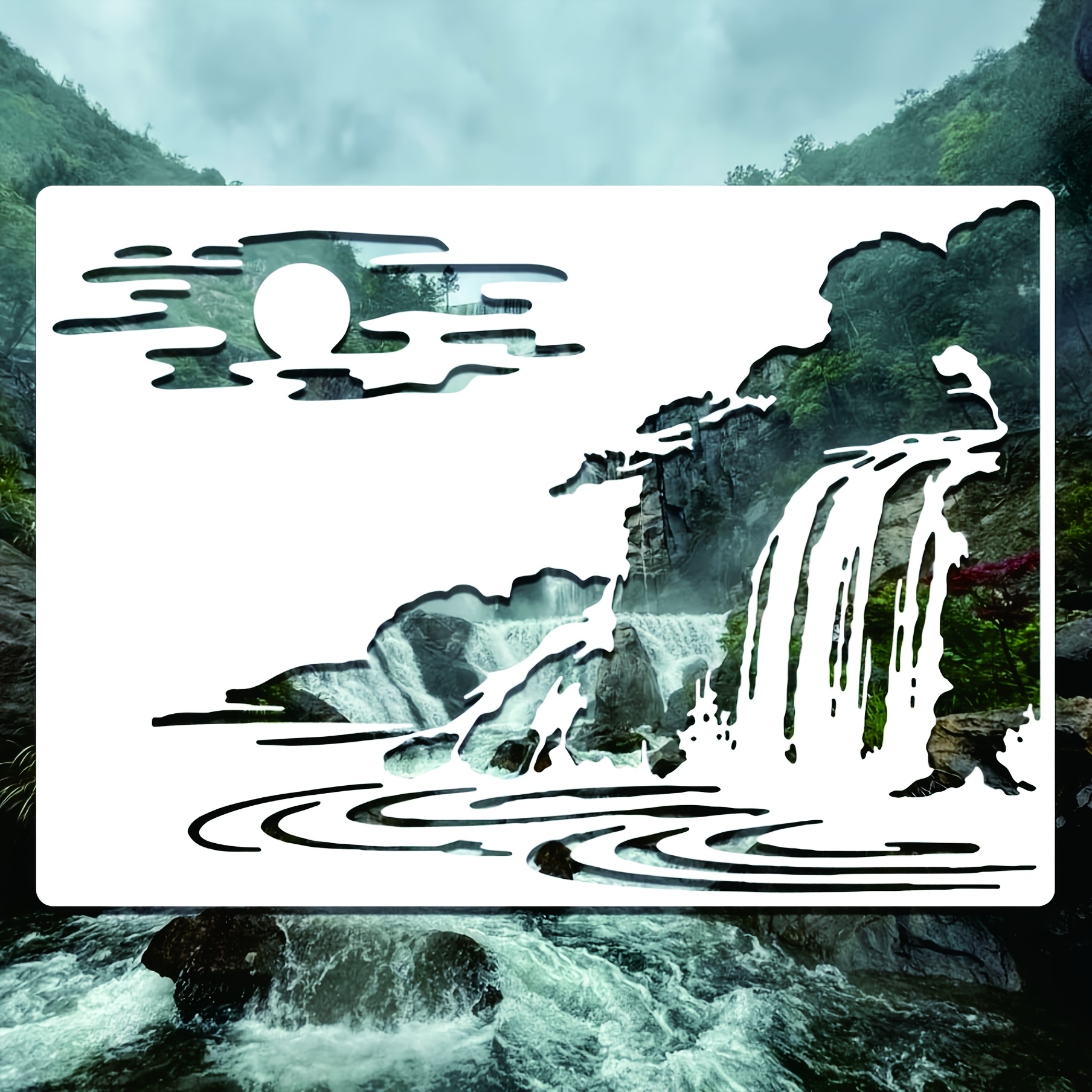 TEMU 1pc Sunrise Waterfall Template 8.27x11.69 Inches For Painting Scrapbooking Sticker Decoration Large Wall Template Home Decor Furniture Template