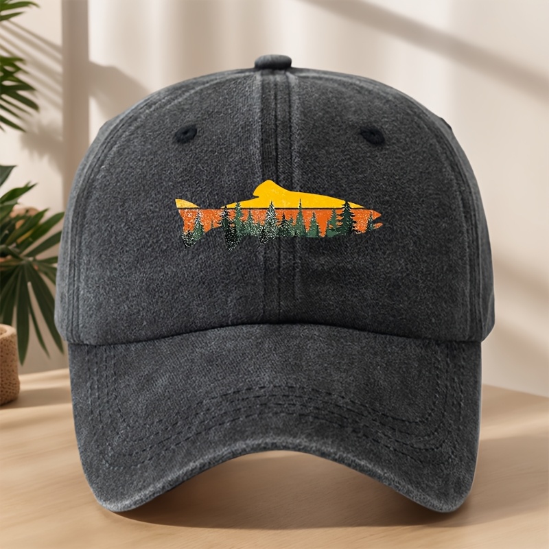 TEMU Makefge Adjustable Baseball Suitable For Fishing, Hiking & Outdoor Activities - Washed Vintage Washed Soft Breathable Hat With Fish Print, For