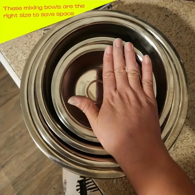 5pcs non slip stainless steel mixing bowls set perfect for kitchen cooking and baking nesting design for easy storage details 6