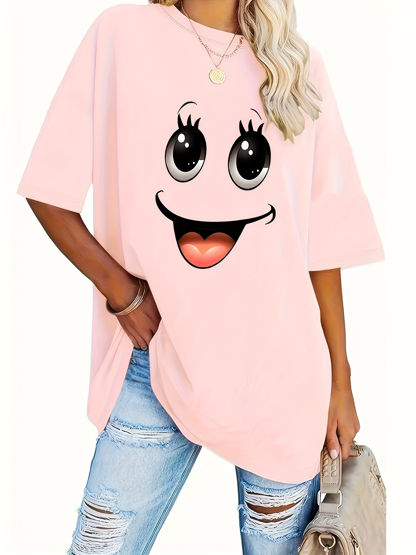 Women'S Plus Size Casual Crew Neck Short Sleeve Geometric Pattern Polyester Knit Fabric Slight Stretch Summer and Spring Tops