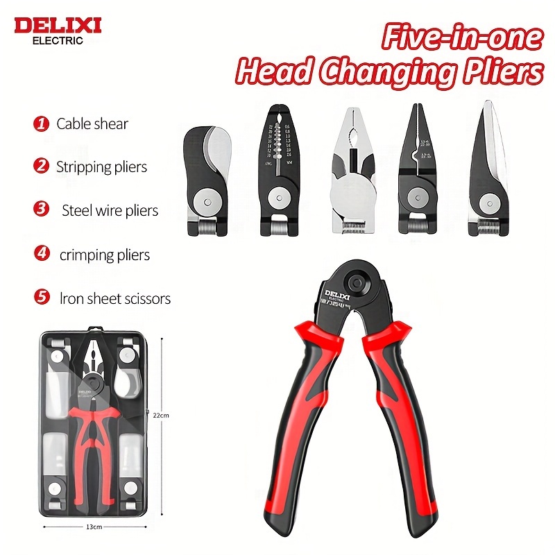 

Delixi Ecectric 5-in-1 Multi-tool Pliers Set With Interchangeable Heads, Portable Storage Case, Wire Stripping & Cutting, Electrician's Choice