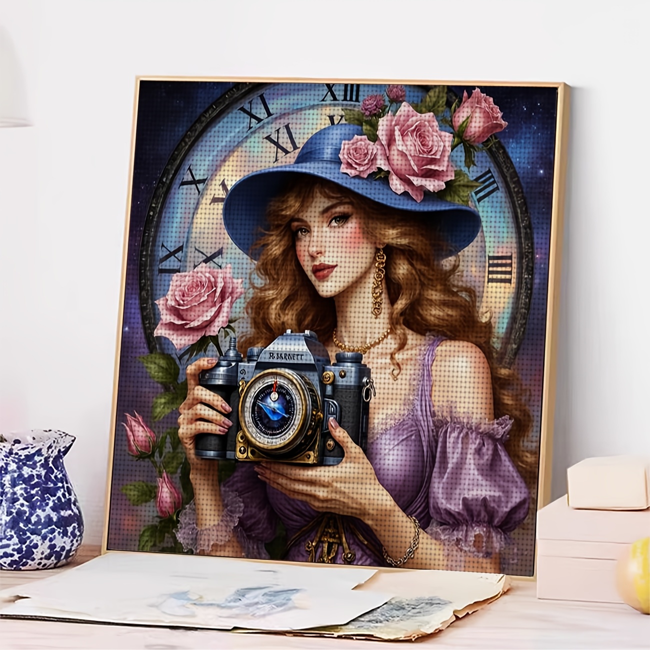 Cross-Stitch Printing Kit, Blue Hat Holding a Camera Design
