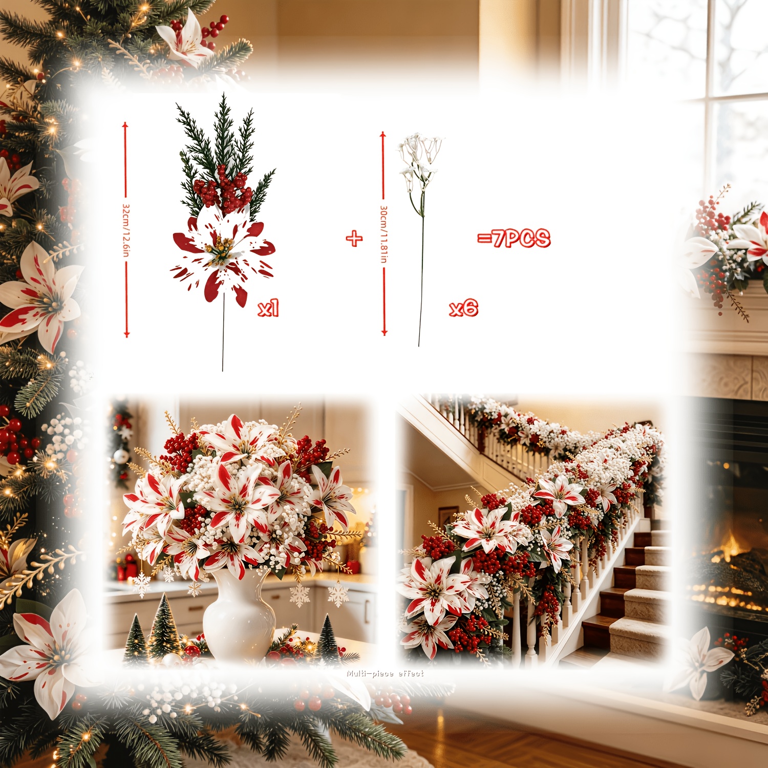 TEMU 7pcs Christmas Red And White Poinsettia Artificial Flower Bouquet With Baby's Breath, A Set Of Holiday Floral Arrangements! Suitable For