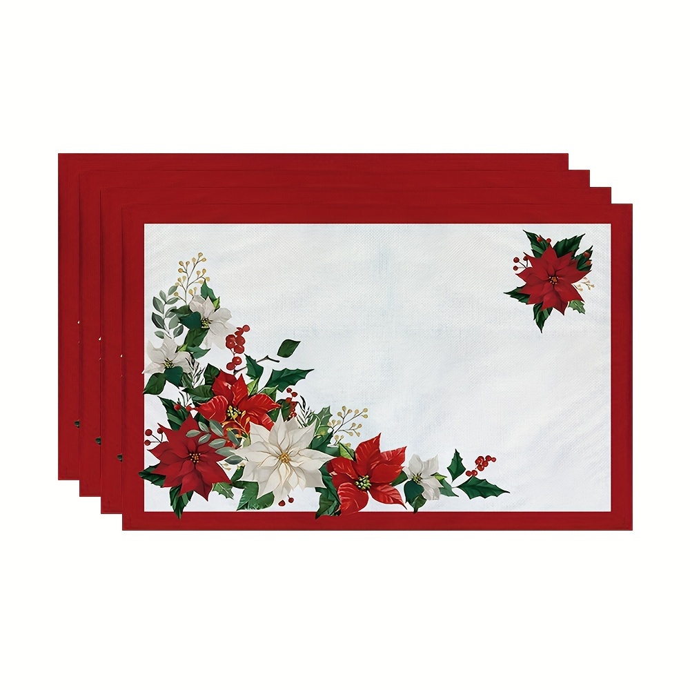 TEMU Christmas Poinsettia   Mats 4-piece Set, 12x18 Inches, Seasonal Dining Table Decor, Floral Polyester Woven Mats, Rectangle, Washable, Decorative For Parties And Home Use