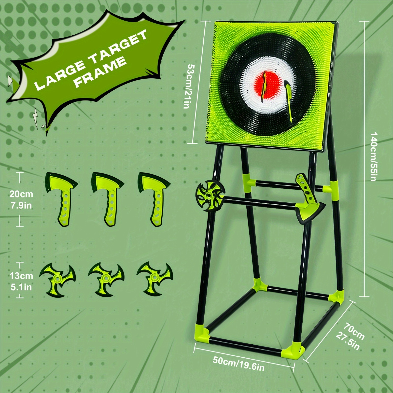 Hatchet Throwing Target Game Set, Green, Three Hatchets And Three Darts, Two-player Competitive Play, Scoring On Inner And Outer Rings Of The Target, For Sports Toys In The Courtyard