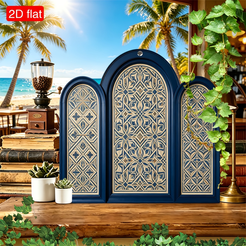 TEMU 2d Flat, 2d Flat 1pc Triptych Arch Wall Plaque, Navy Blue Frame With Vintage Geometric Moroccan Floral Pattern, Classic Boho European Style Wall